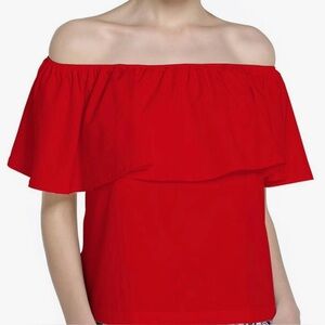 Vibrant Red Ruffled Off-Shoulder Sleeveless Blouse